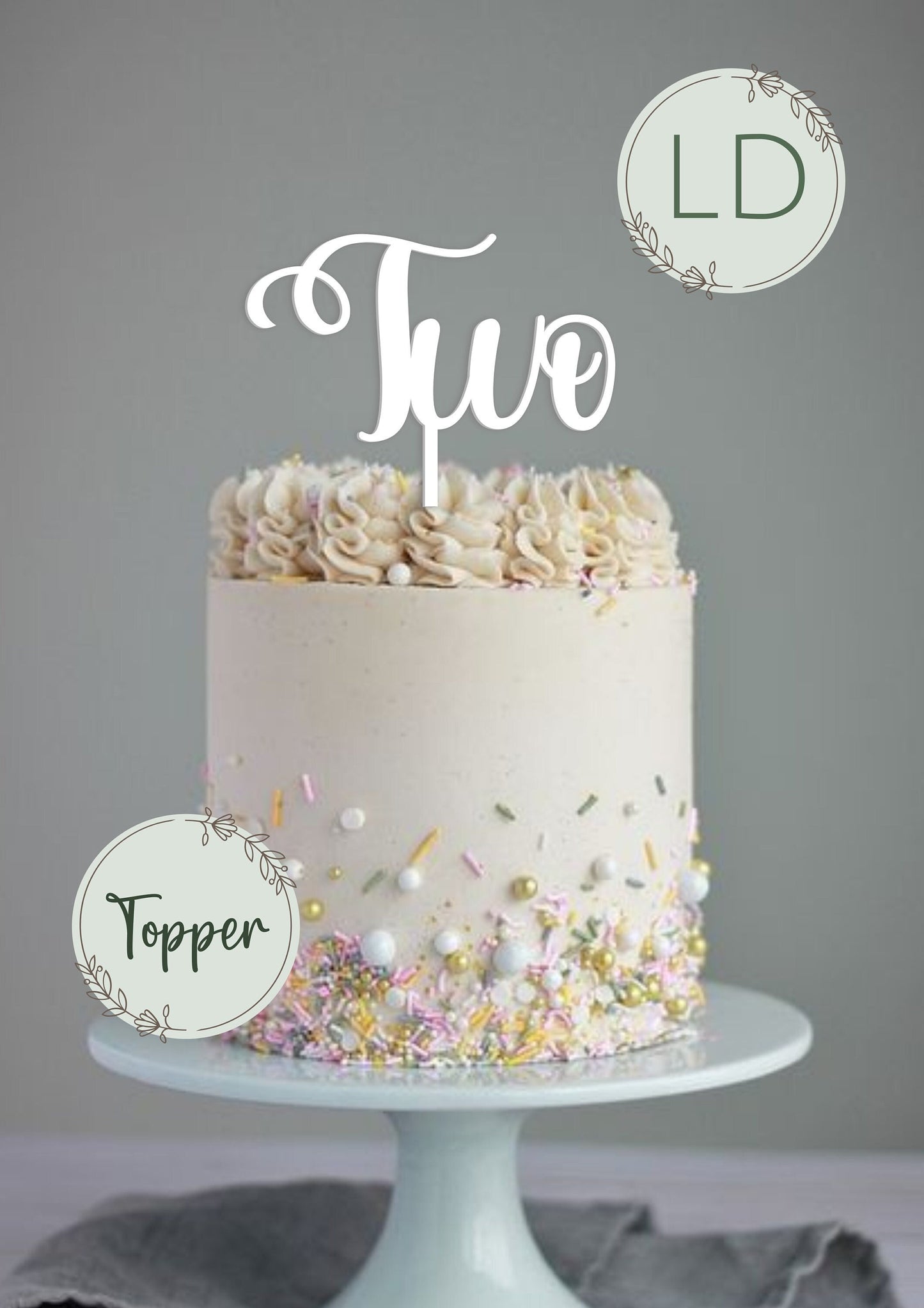 Acrylic 'Two' Cake Topper or Charm. Various Fonts, Colours & Sizes