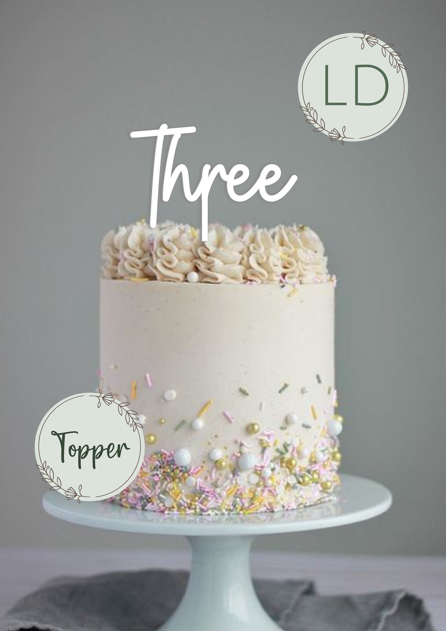 Acrylic 'Three' Cake Topper or Charm. Various Fonts, Colours & Sizes