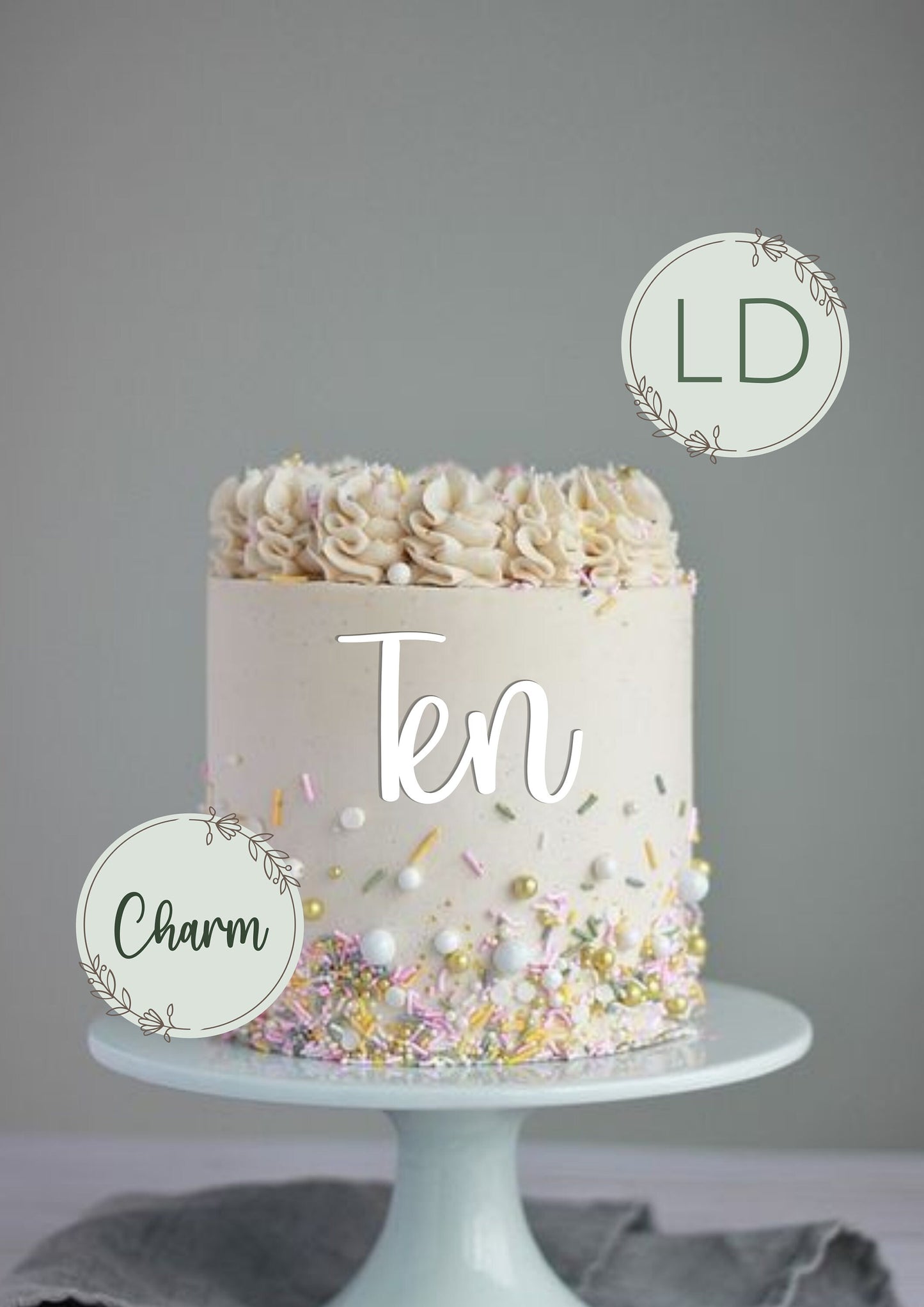 Acrylic 'Ten' Cake Topper or Charm. Various Fonts, Colours & Sizes