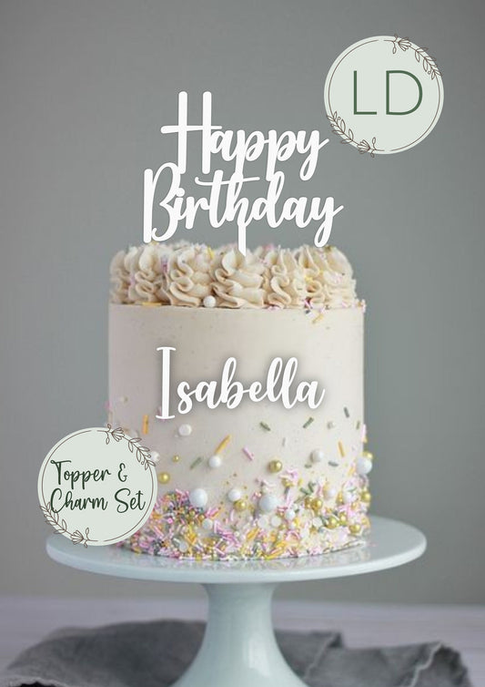 Acrylic 'Happy Birthday' Cake Topper with matching 'Name' Charm. Various Fonts, Colours & Sizes