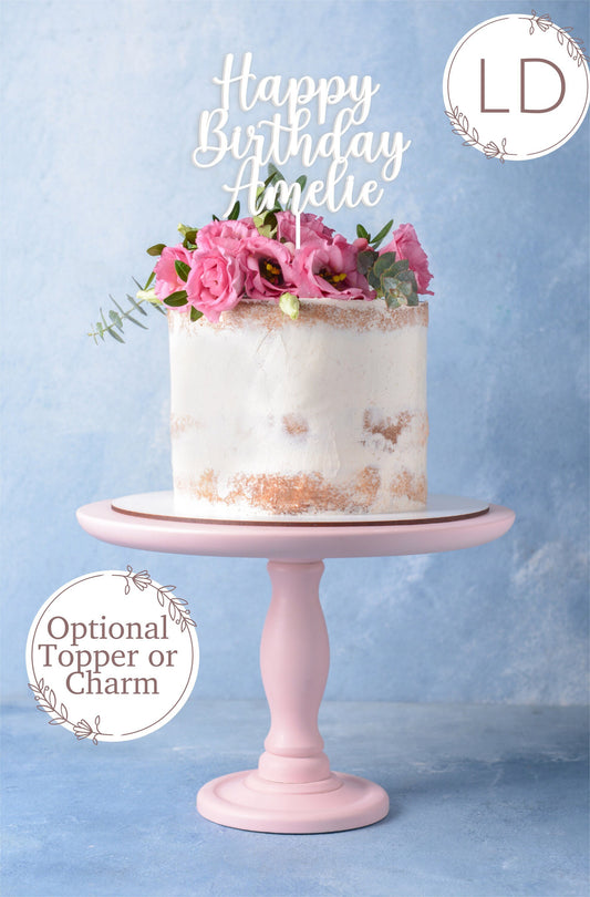 Acrylic Happy Birthday 'Name' Cake Topper or Charm. Various Fonts, Colours & Sizes