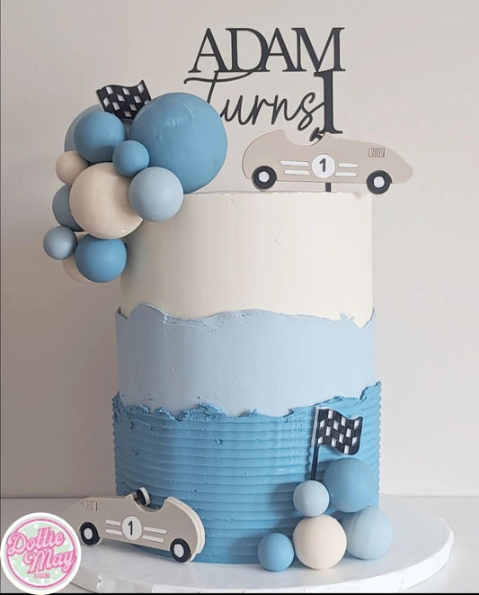 Acrylic Racing Car theme cake topper/charm set. Personalised Birthday Celebration Cake Decor