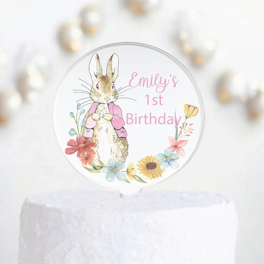 Personalised Bunny Rabbit theme printed cake topper. Various Fonts types and colours.