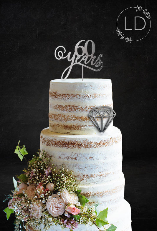 Acrylic 60 Years/Diamond Cake Topper or Charm set. Various Fonts, Colours & Sizes
