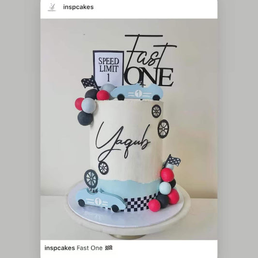 Acrylic Fast ONE, Racing Car theme cake topper/charm set. Personalised Birthday Celebration Cake Decor