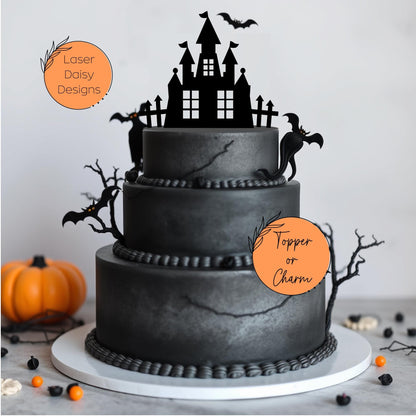 Spooky Castle Haunted House Halloween Cake Topper or Charm. Various Colours & Sizes