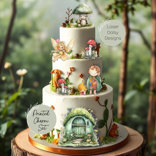 Cute Woodland Fairy Toadstools. Printed Acrylic Cake Charm Set.