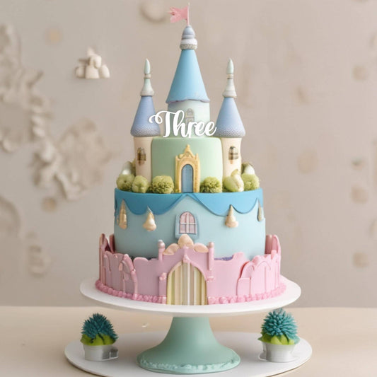 Acrylic 'Three' Cake Topper or Charm. Various Fonts, Colours & Sizes