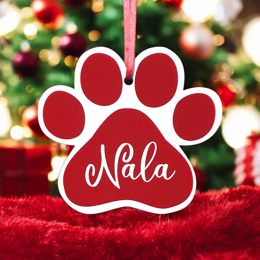 Dog Pet Paw Print Christmas baubles, Personalised printed acrylic ornament optional gift box