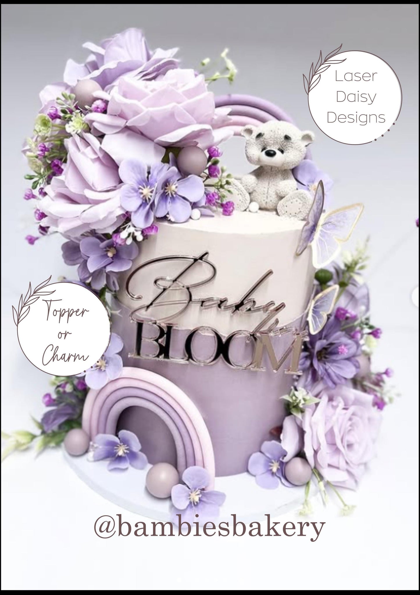 Acrylic Baby in Bloom Cake Topper or Charm. Various Fonts, Colours & Sizes