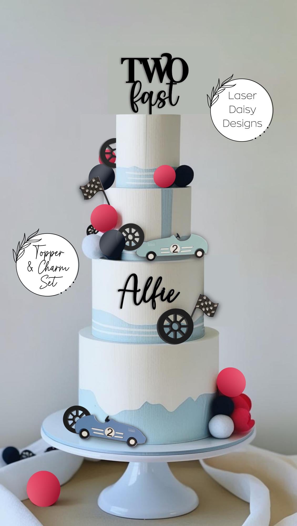 Acrylic TWO fast, Racing Car theme cake topper/charm set. Personalised Birthday Celebration Cake Decor (Copy)