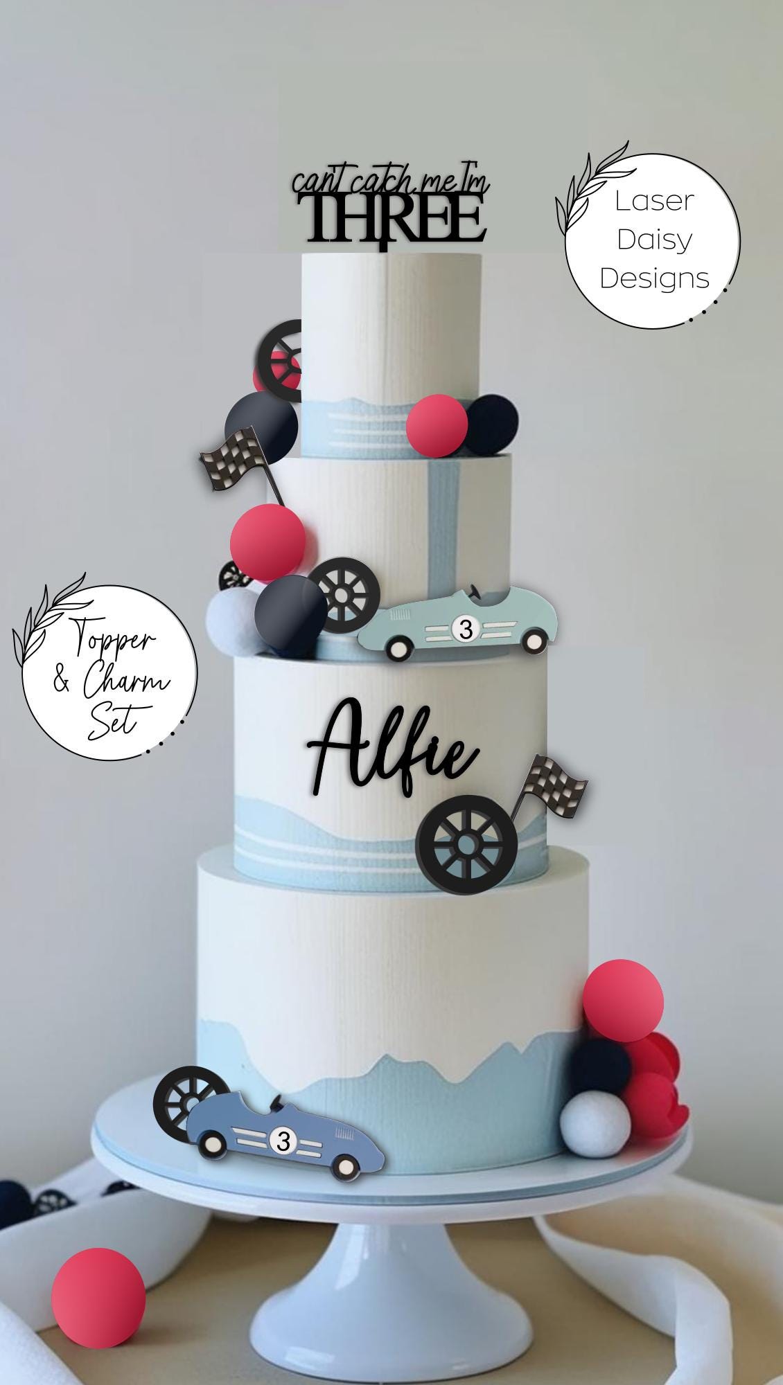 Acrylic can't catch me I'm THREE, Racing Car theme cake topper/charm set. Personalised Birthday Celebration Cake Decor (Copy) (Copy)