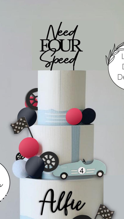 Need FOUR speed, Racing Car theme cake topper/charm set. Personalised Birthday Celebration Cake Decor