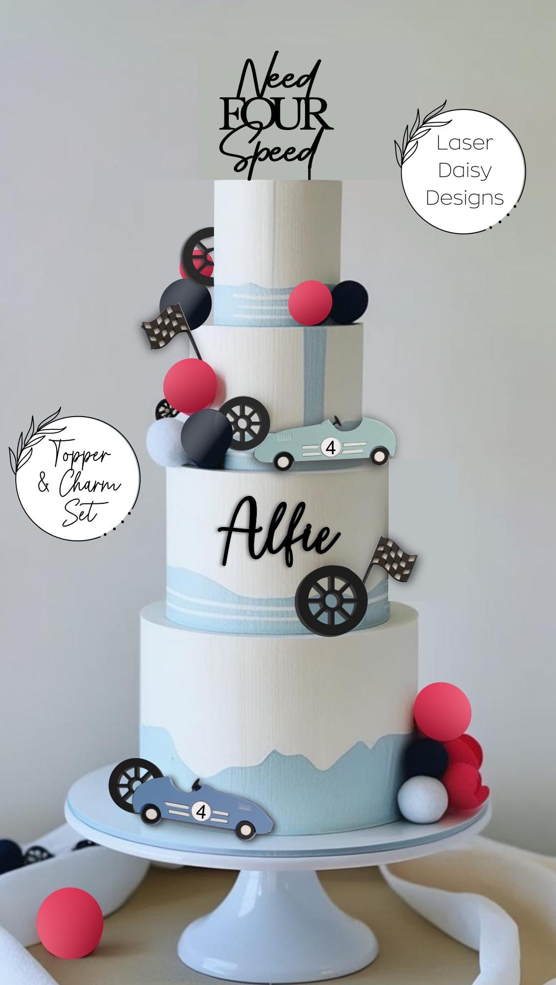 Need FOUR speed, Racing Car theme cake topper/charm set. Personalised Birthday Celebration Cake Decor