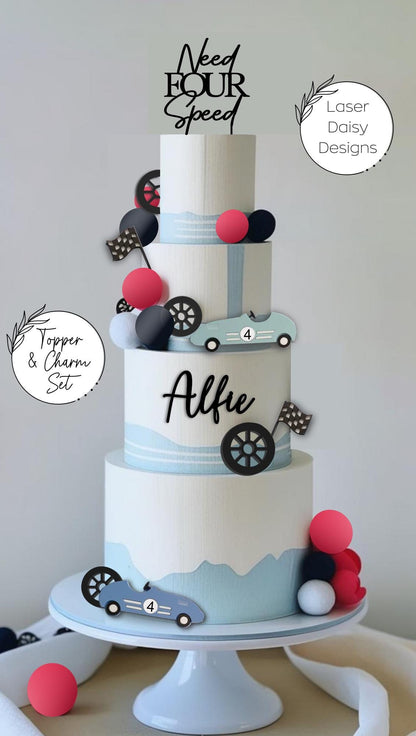 Need FOUR speed, Racing Car theme cake topper/charm set. Personalised Birthday Celebration Cake Decor
