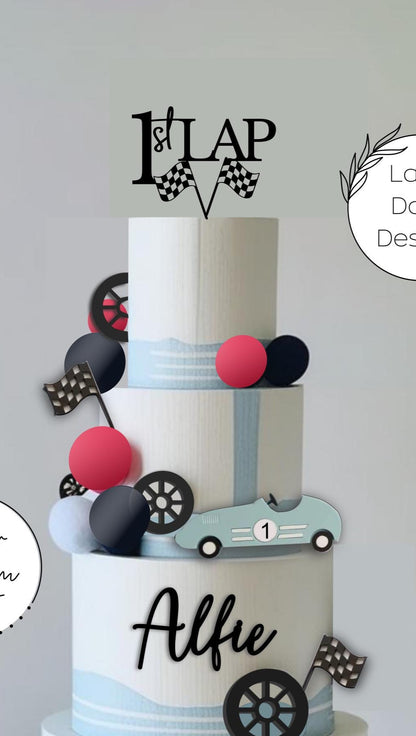 1st LAP, Racing Car theme cake topper/charm set. Personalised Birthday Celebration Cake Decor