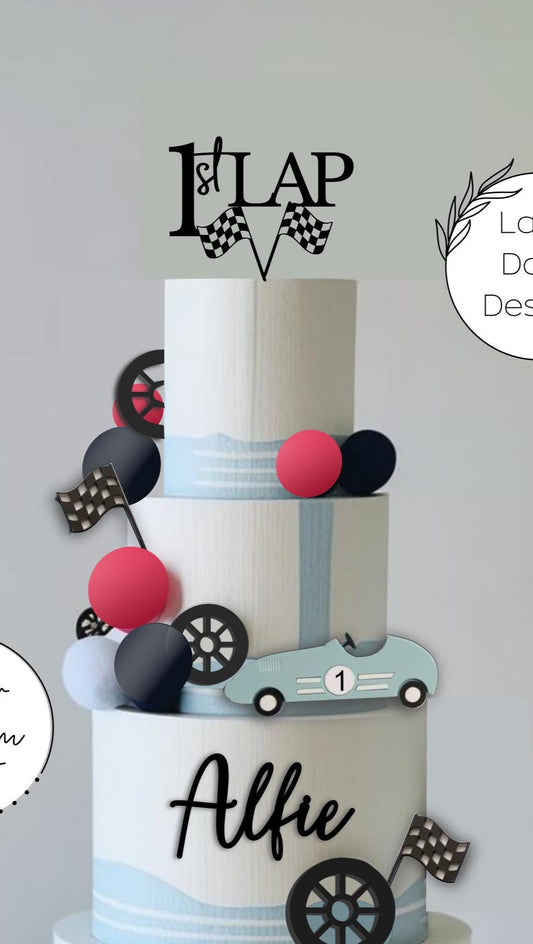 1st LAP, Racing Car theme cake topper/charm set. Personalised Birthday Celebration Cake Decor