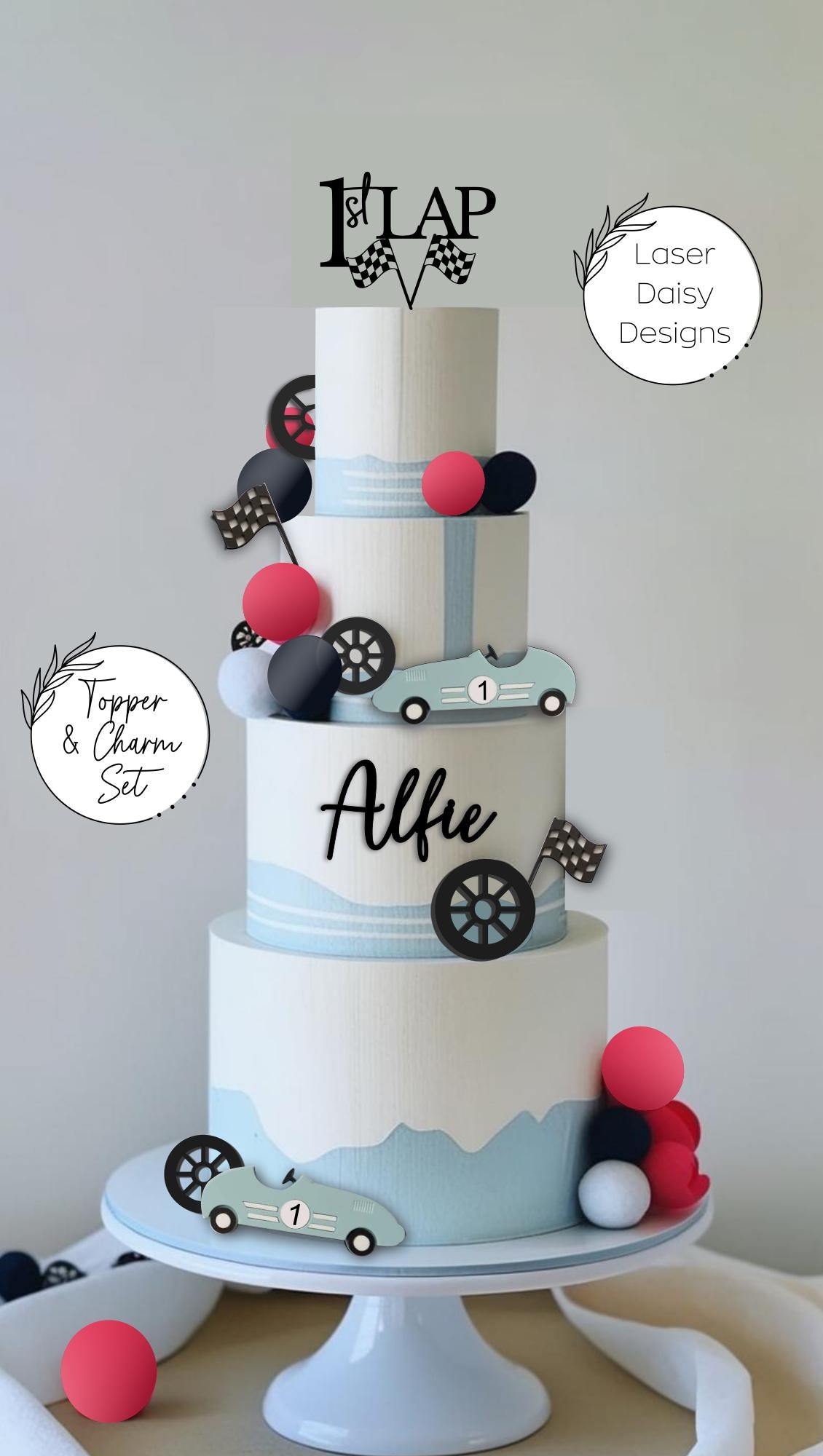 1st LAP, Racing Car theme cake topper/charm set. Personalised Birthday Celebration Cake Decor