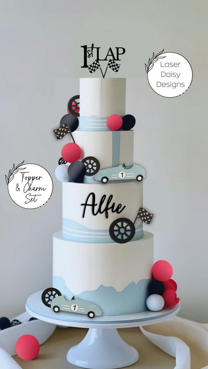 1st LAP, Racing Car theme cake topper/charm set. Personalised Birthday Celebration Cake Decor