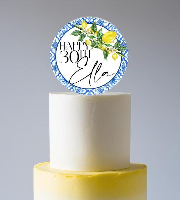 Lemon Amalfi Coast Mediterranean Style Acrylic Cake Topper. Personalised. Non edible