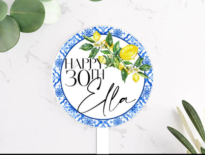 Lemon Amalfi Coast Mediterranean Style Acrylic Cake Topper. Personalised. Non edible