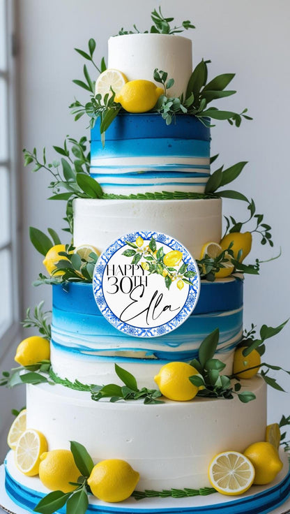 Lemon Amalfi Coast Mediterranean Style Acrylic Cake Topper. Personalised. Non edible