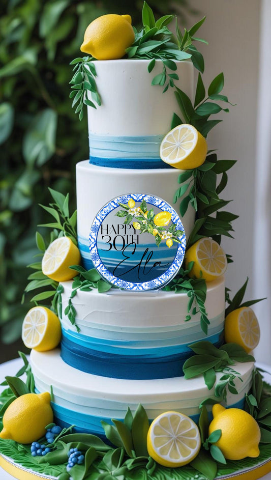 Lemon Amalfi Coast Mediterranean Style Acrylic Cake Topper. Personalised. Non edible
