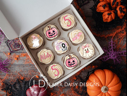 Halloween Happy BooDay Acrylic Cupcake Charm or Topper set. Personalised. Non edible