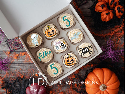 Halloween Happy BooDay Acrylic Cupcake Charm or Topper set. Personalised. Non edible