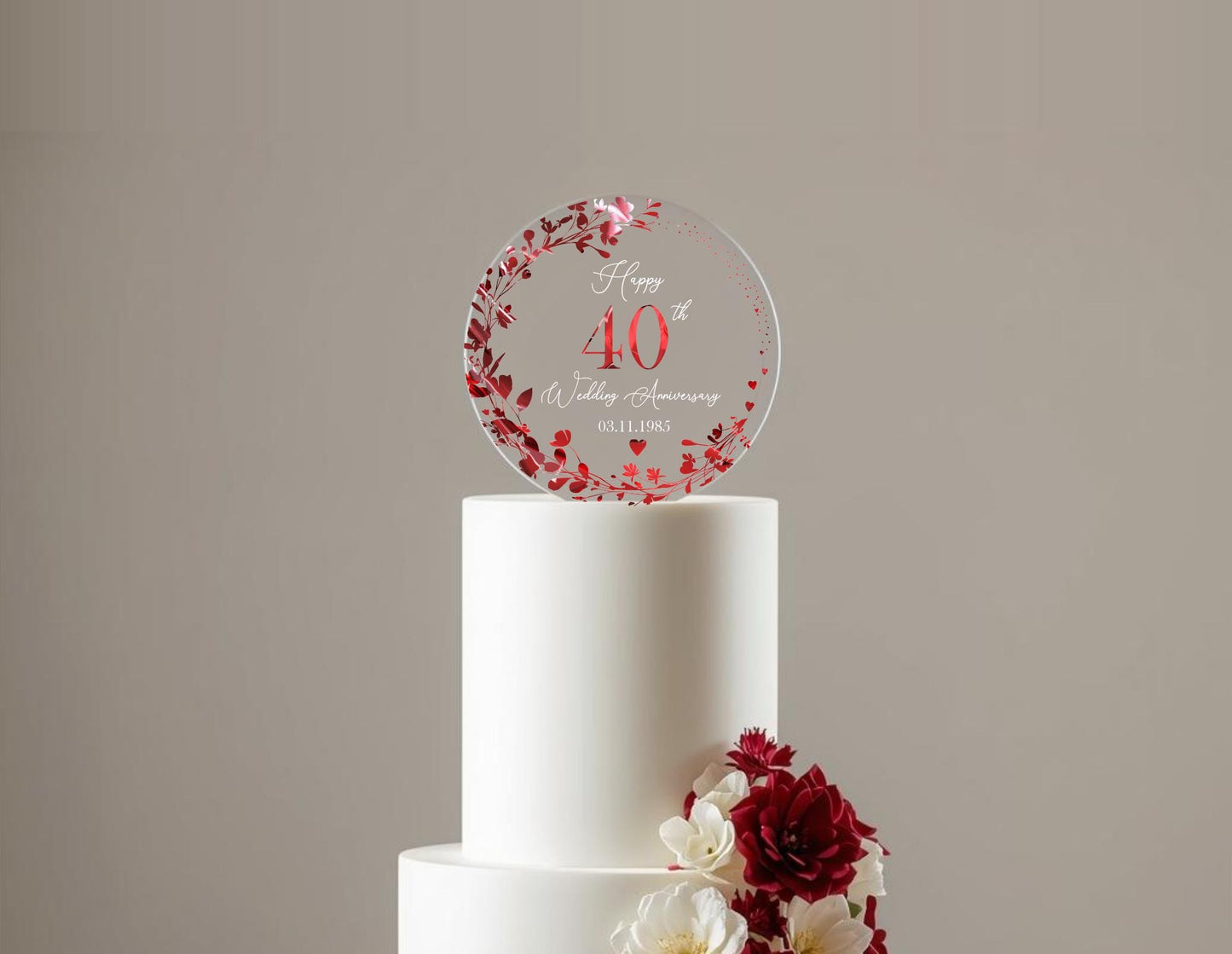 40th Wedding Ruby Anniversary Printed Acrylic Cake Topper. Personalised. Non edible