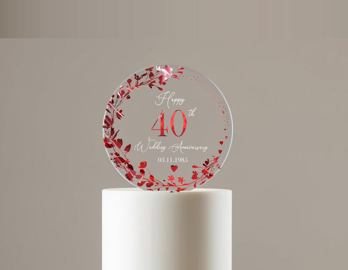 40th Wedding Ruby Anniversary Printed Acrylic Cake Topper. Personalised. Non edible