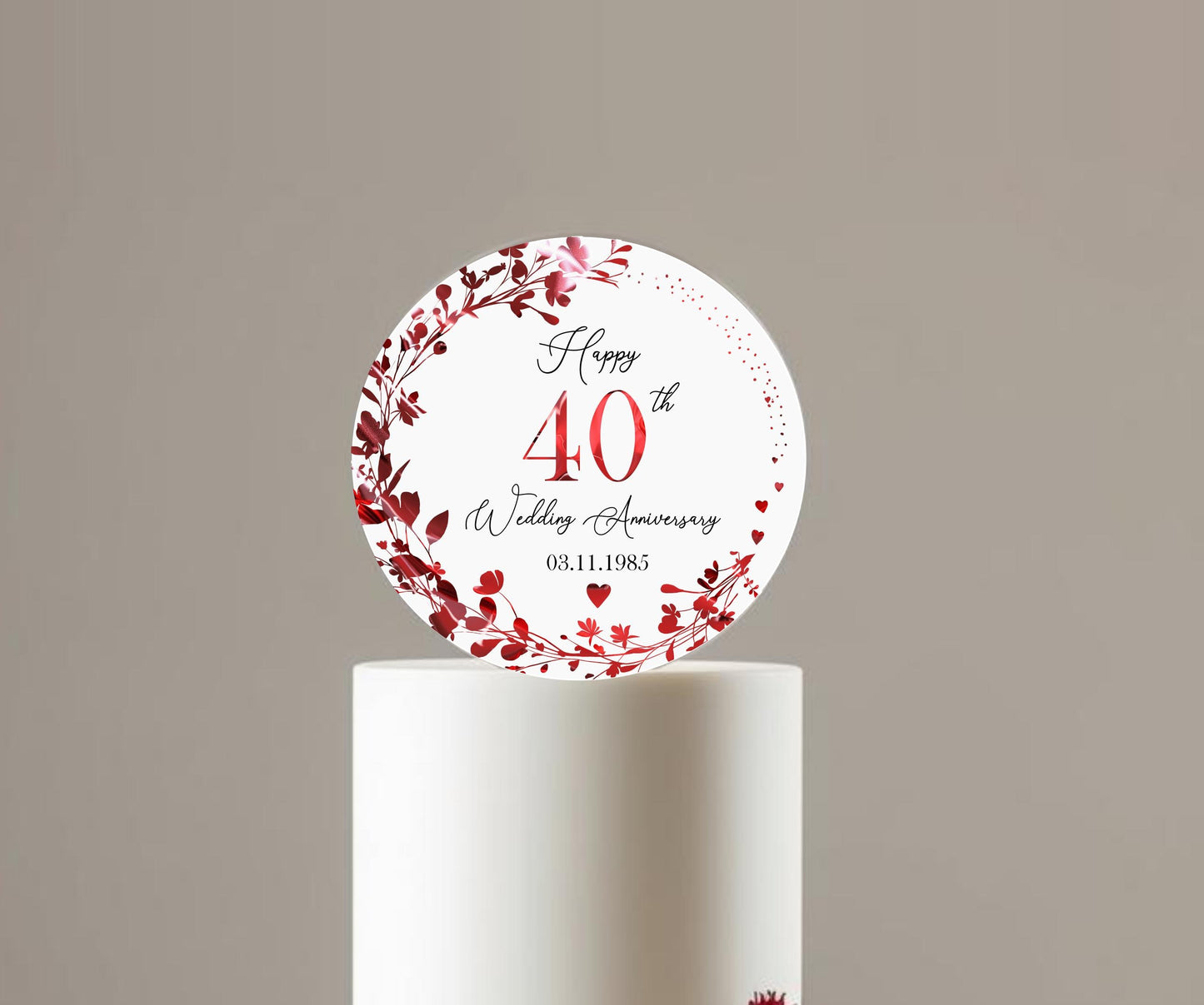 40th Wedding Ruby Anniversary Printed Acrylic Cake Topper. Personalised. Non edible