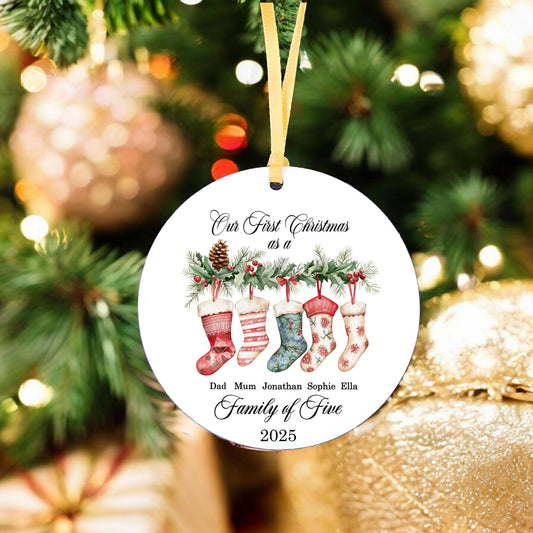 First Christmas As Family of - Personalised Christmas Stocking Bauble (Optional Gift Box)
