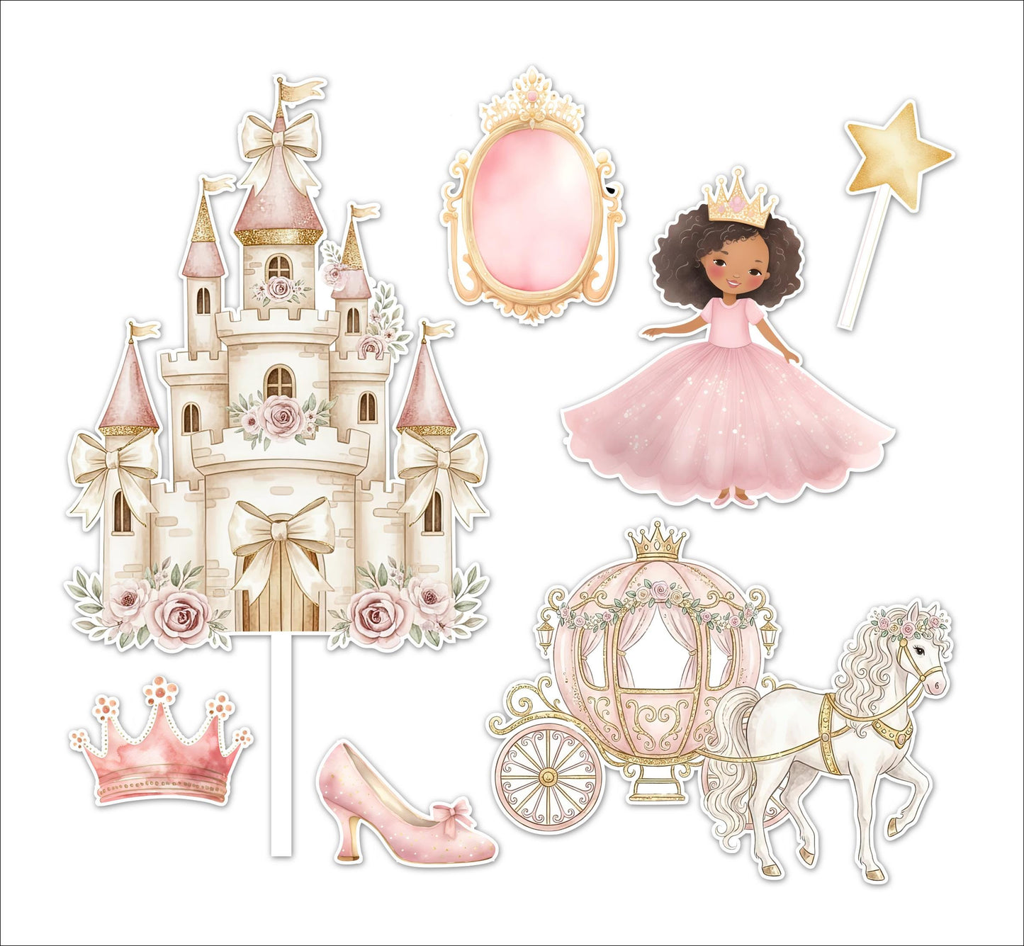 Pink Princess Cake Charms: UV Printed Acrylic Toppers, Reusable Keepsakes