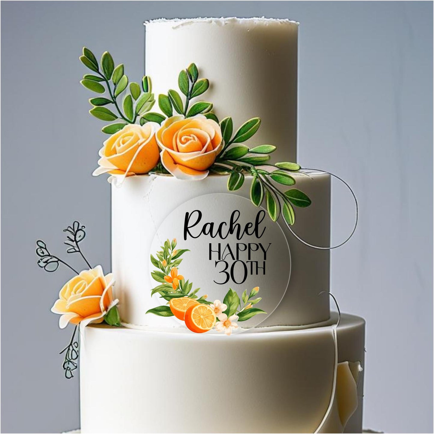 Orange Mediterranean Style Acrylic Cake Topper. Personalised. Non edible