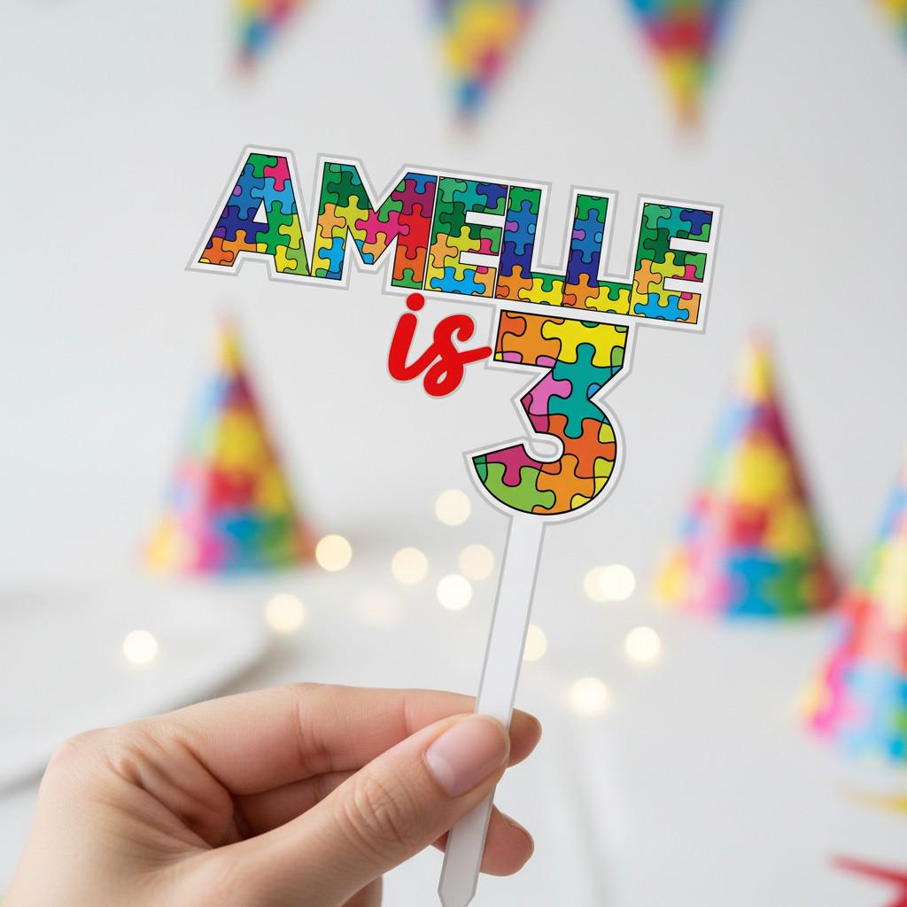 Jigsaw theme 'Name is Age' printed cake topper or charm