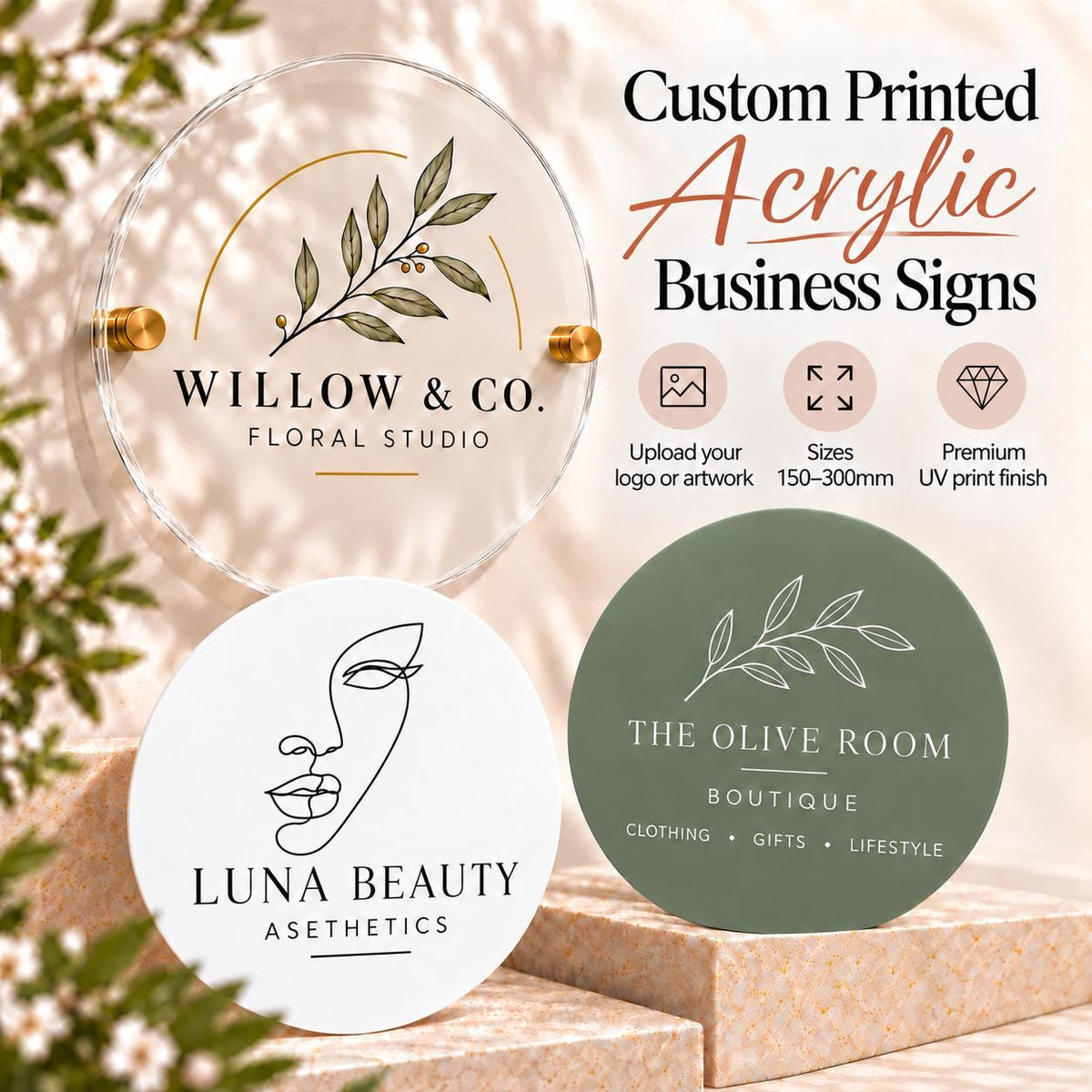 Custom Acrylic Business Sign | Personalised Logo | UV Printed | Round Shop Salon Plaque