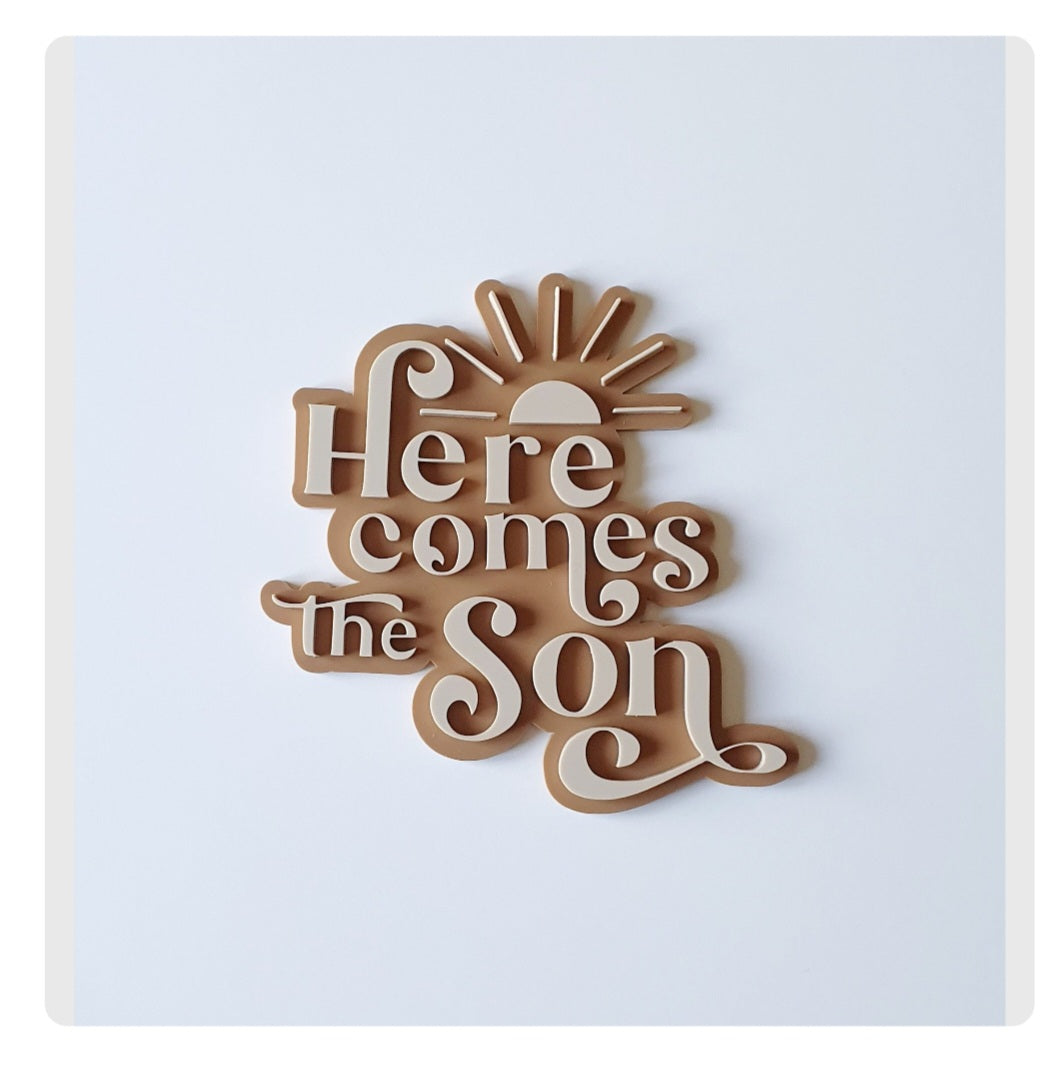 Double layer "Here comes the son" cake charm or topper. Various Size and colour Options.