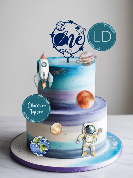 Space Theme One Cake Topper or Charm. Various Colours & Sizes. Optional Printed charm set
